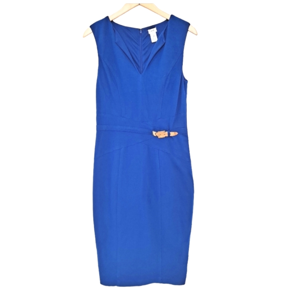 Cache Vintage Royal Blue Gold Tone Waist Buckle V-neck Classic Sheath Midi …